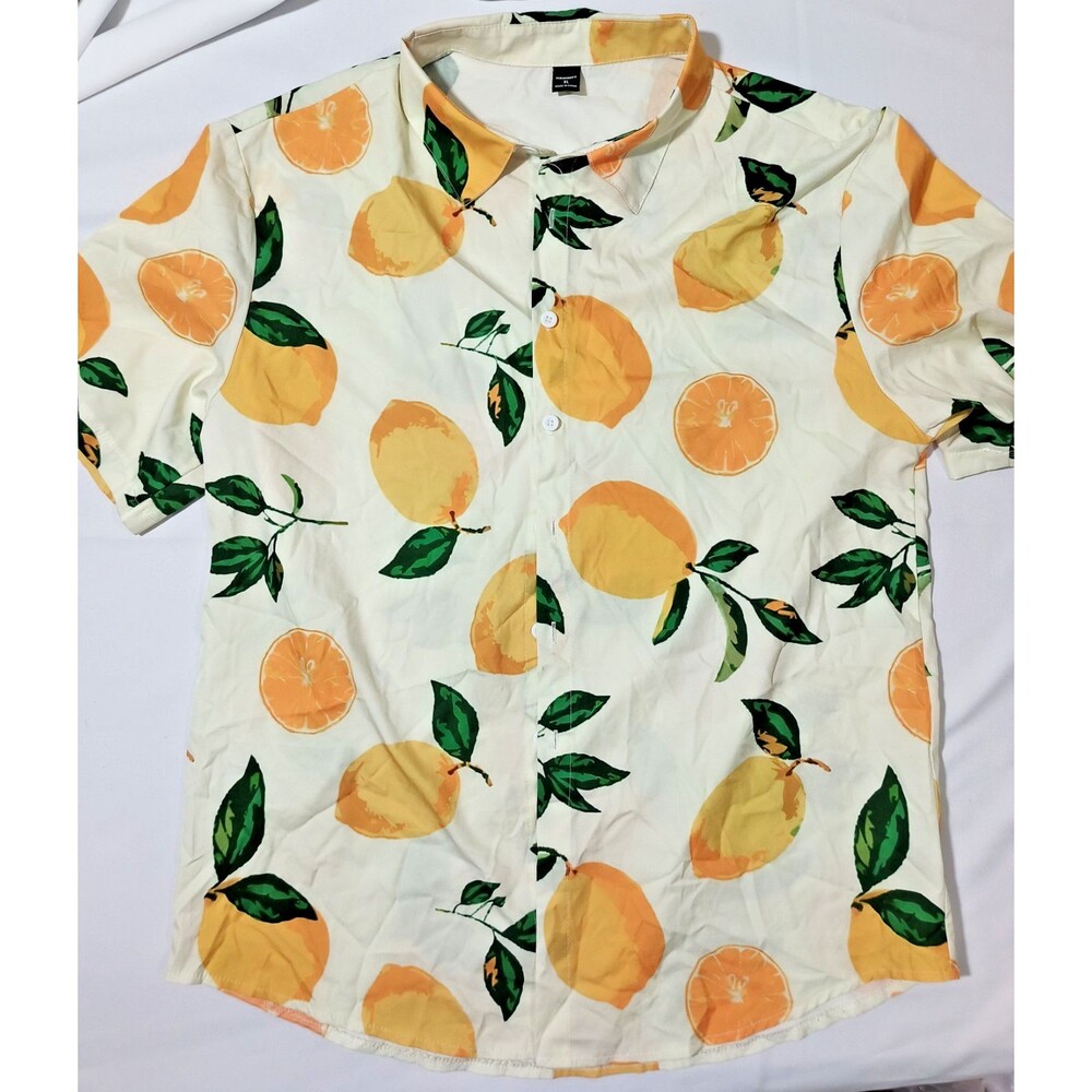 Manfinity Mens XL Lemon Print Button Up Shirt Short Sleeve Fruit Tropical Cream